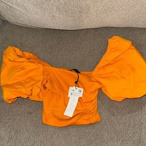 Zara Orange Puff Sleeve Crop Top